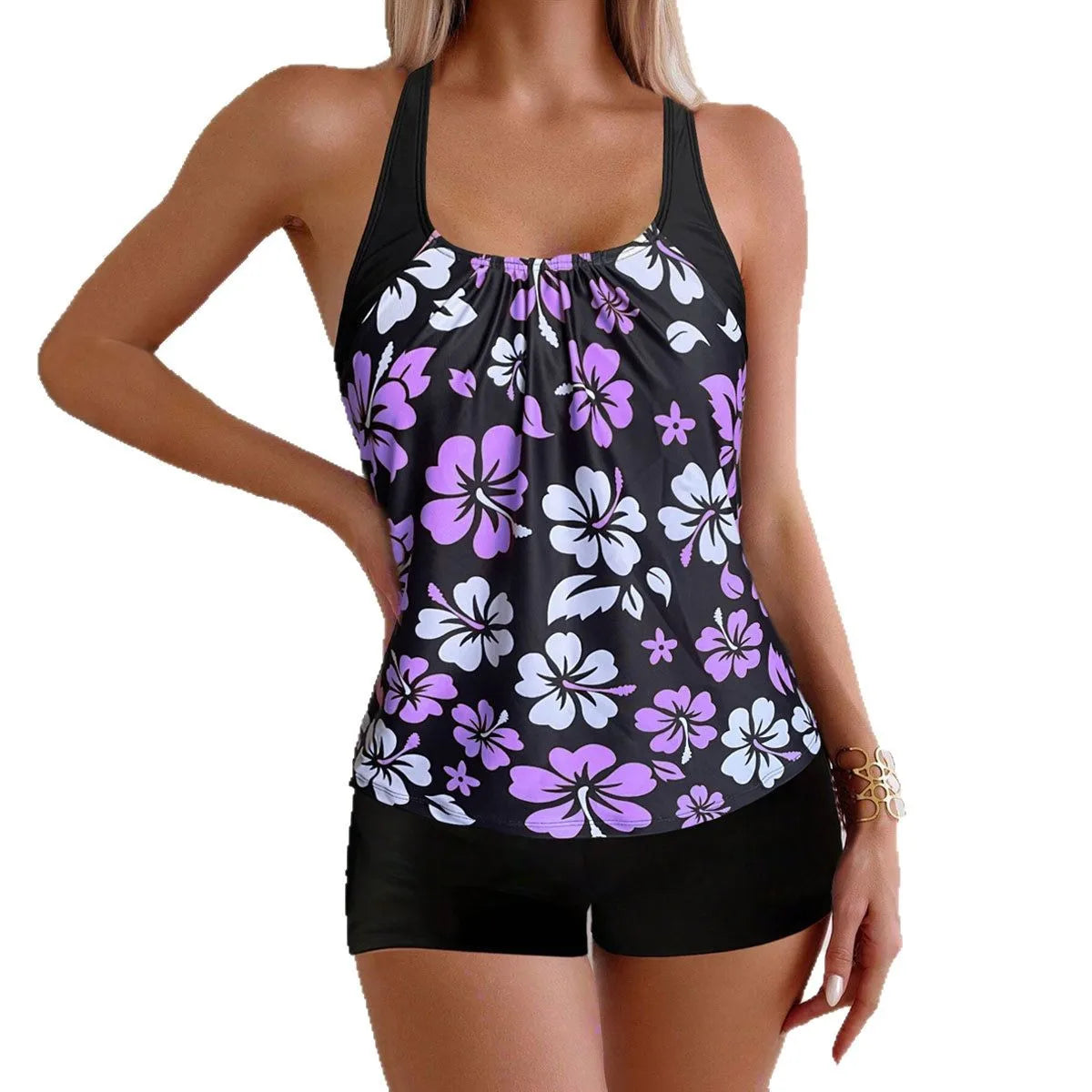 Maillot de bain deux pièces pour femme: culotte taille haute à imprimé floral, en polyester, idéal pour la natation et les sports nautiques. Design sobre.