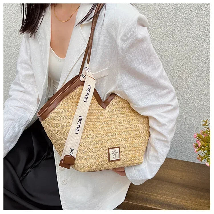 Sac bandoulière grande capacité pour femme, sac à main d'été en paille tressée, sac de plage de luxe, cabas style balinais