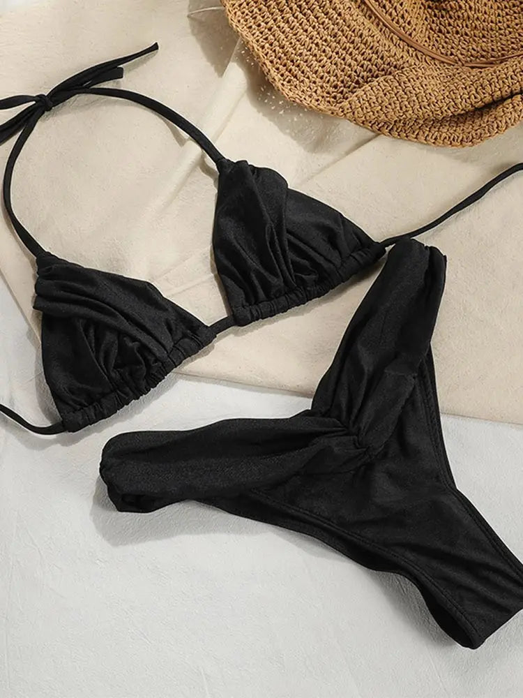 Ensemble bikini sexy à plis, micro bikini uni, maillot de bain femme triangle, tenue de plage