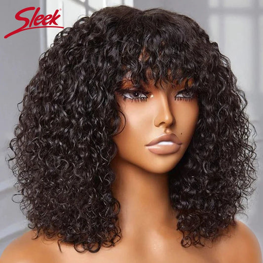 Perruque courte bouclée Jerry en cheveux humains avec frange, facile à porter et sans colle, couleur blond miel ondulé, pour femmes