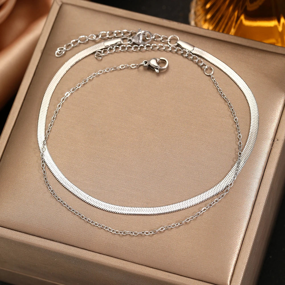 Bracelet de cheville DGIDDK en acier inoxydable, style simple et tendance, double couche, pour femme, bijou de pied polyvalent et original.