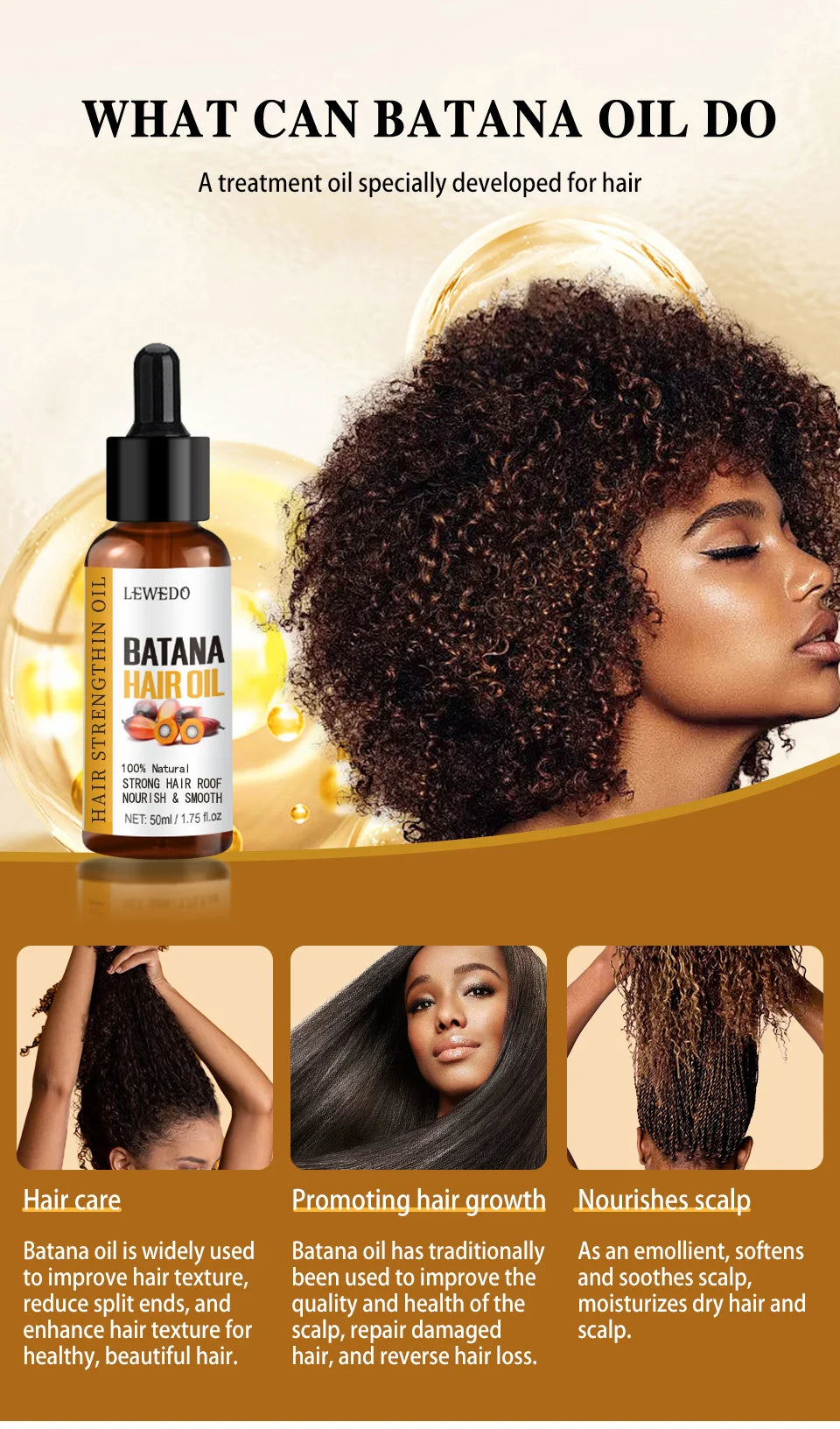 Huile capillaire 100% pure Batana pour la croissance des cheveux : soin naturel, nourrit, réduit la chute, prévient la casse et épaissit les cheveux.
