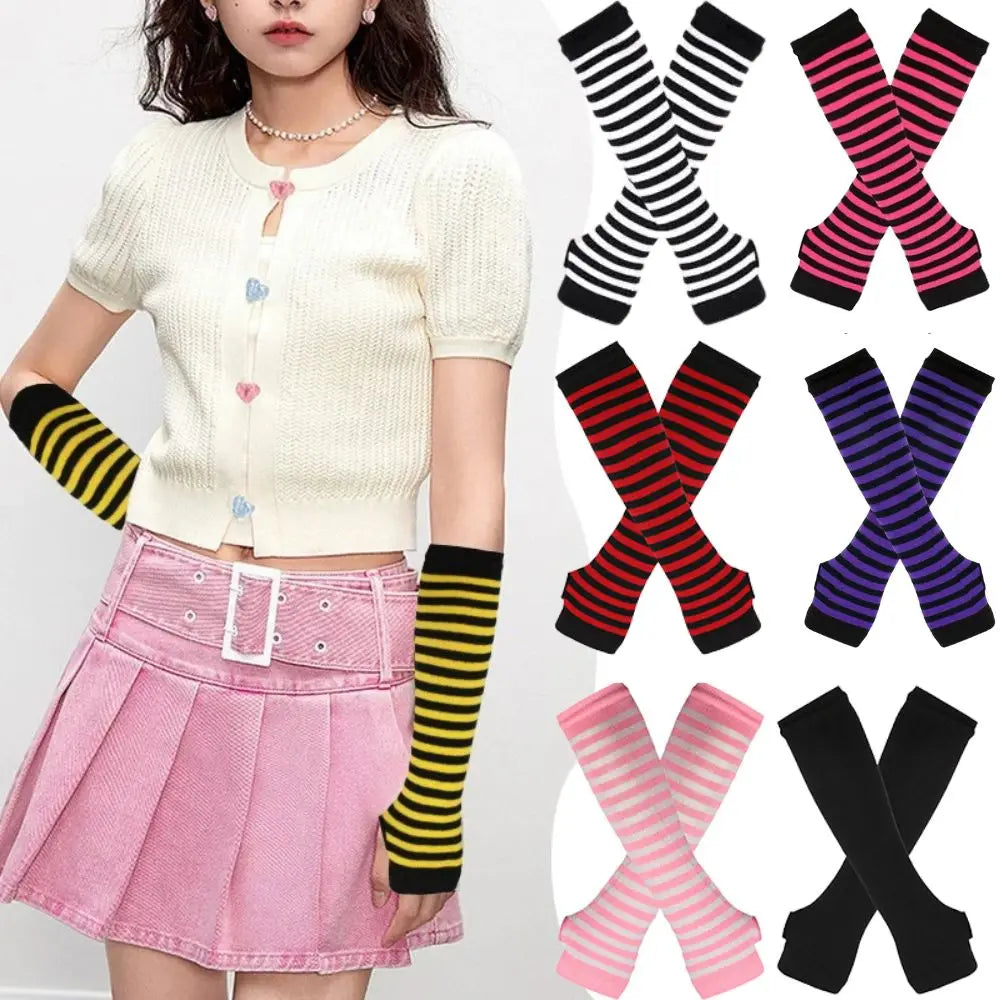 Gants chauds rayés en maille pour femmes et filles, mitaines sans doigts couvrant les coudes, couvrant les bras et les coudes.