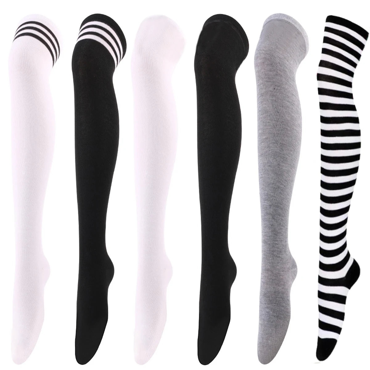 1/6 paires de bas rayés pour femmes, chaussettes hautes japonaises tendance, chaussettes fines et chaudes à rayures noires et blanches