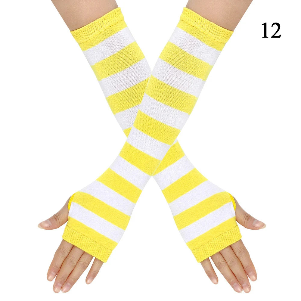 Gants chauds rayés en maille pour femmes et filles, mitaines sans doigts couvrant les coudes, couvrant les bras et les coudes.