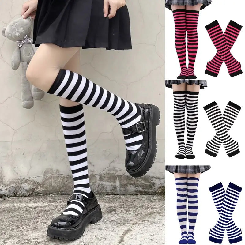 Chaussettes hautes rayées noires et blanches, chaussettes montantes sexy et fines en coton, chaussettes de cosplay