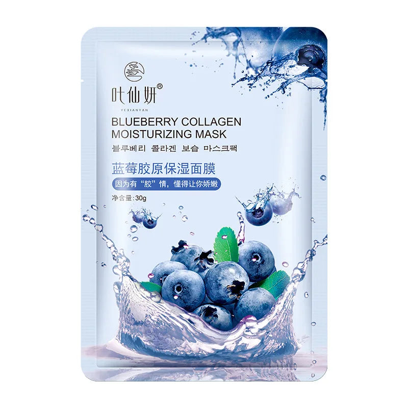 12 masques faciaux hydratants aux myrtilles, à l'aloe vera, au concombre et à la pêche, pour un soin du visage beauté.