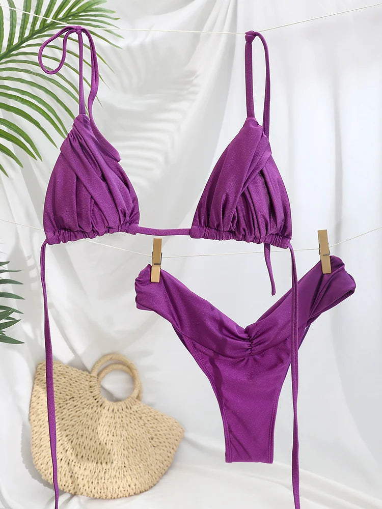 Ensemble bikini sexy à plis, micro bikini uni, maillot de bain femme triangle, tenue de plage