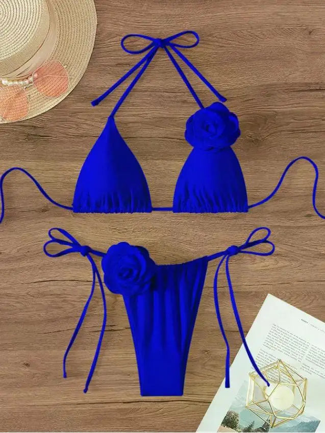 Maillot de bain deux pièces bikini sexy à fleurs 3D, bretelles et dos nu, tailles S à L.