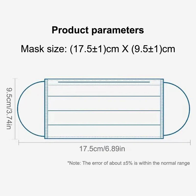 Lot de 50 masques de protection jetables à 3 couches en tissu non tissé, bleus, pour adultes.