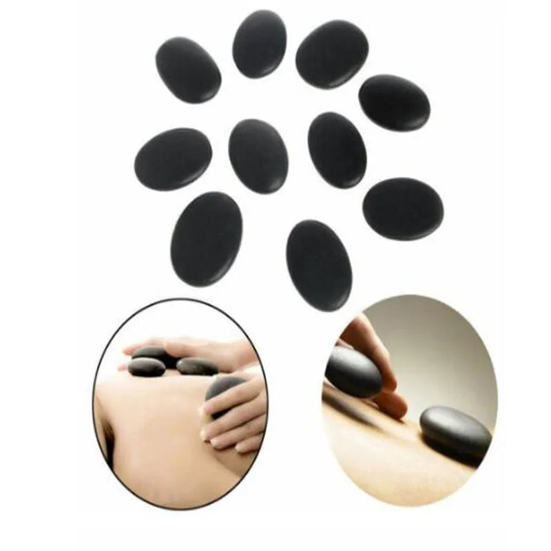 Ensemble de 10 pierres de massage chaudes en basalte de lave, rondes, pour soulager le stress et les douleurs dorsales.