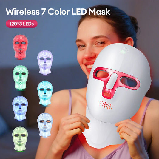 Masque LED sans fil 7 couleurs pour le visage et le cou, soin SPA du visage à lumière rouge, réparation de la peau, anti-acné, raffermissement, anti-âge