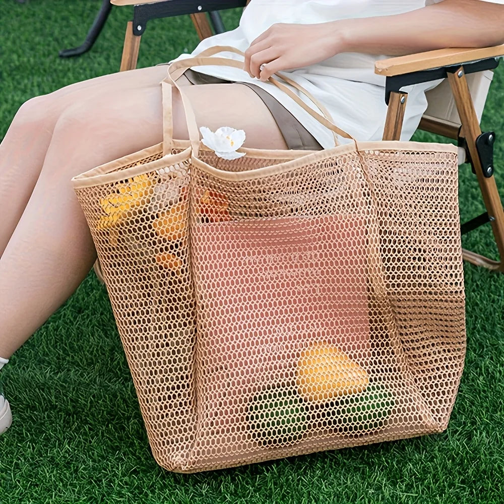 Sac cabas de plage grande capacité pour femme - Sac bandoulière en polyester tissé résistant avec ouverture sur le dessus, idéal pour les voyages et le shopping.