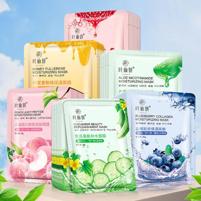 12 masques faciaux hydratants aux myrtilles, à l'aloe vera, au concombre et à la pêche, pour un soin du visage beauté.