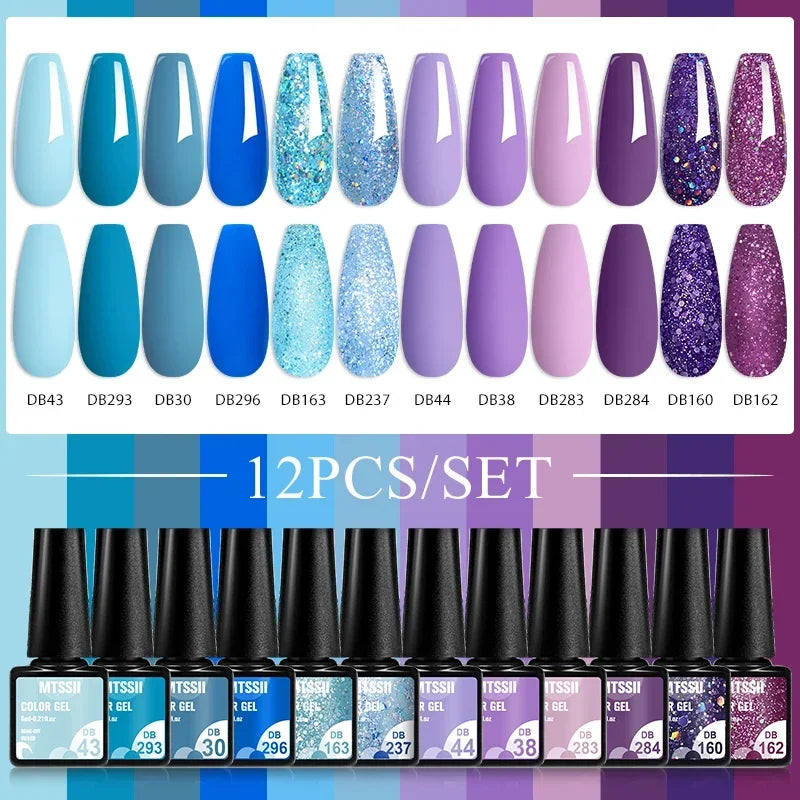Kit de manucure semi-permanent MTSSII (12 pièces) : vernis gel semi-permanent à tremper, rose nude, rouge pailleté, UV, à paillettes. Fournitures pour ongles à faire soi-même.