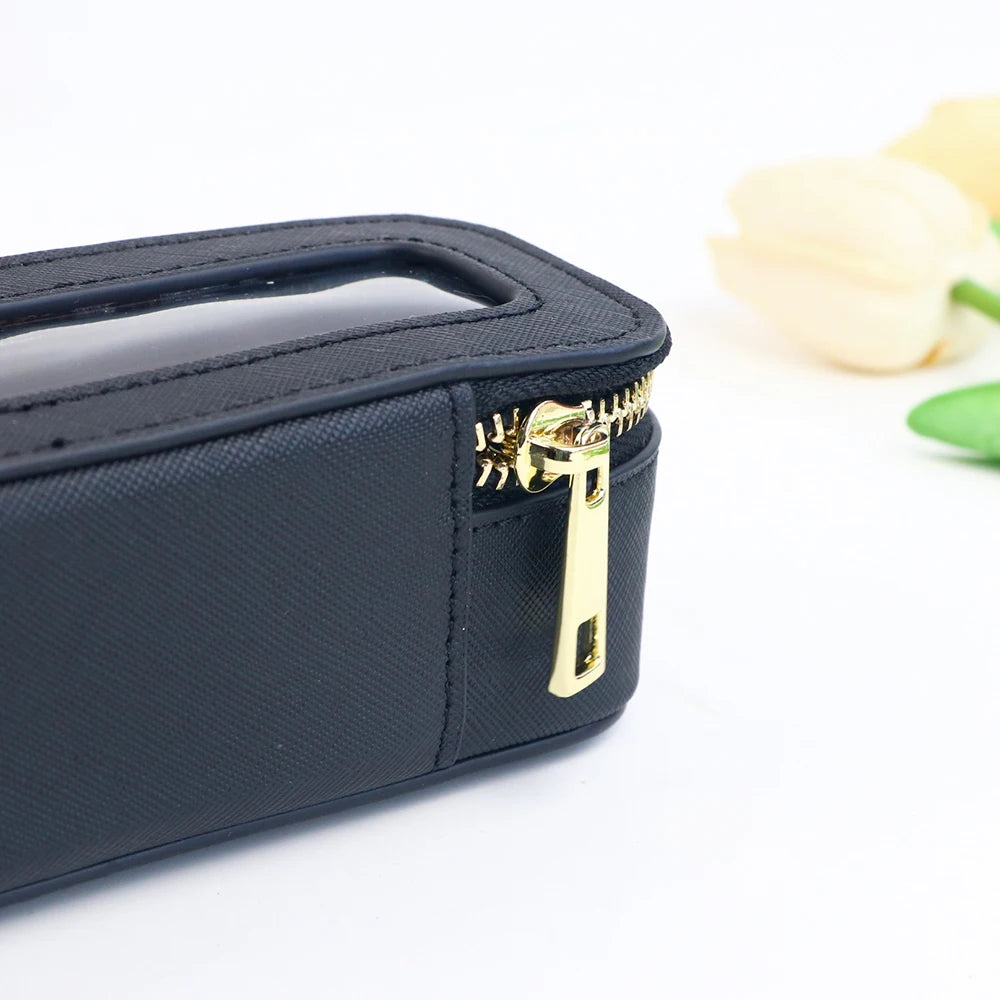 Boîte à pinceaux de maquillage transparente en cuir PU personnalisée avec nom