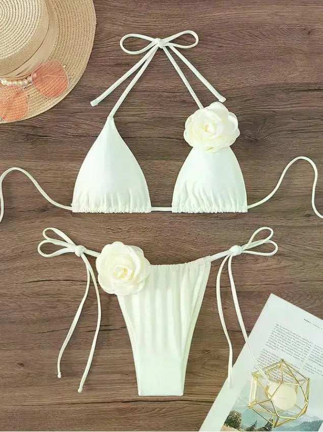 Maillot de bain deux pièces bikini sexy à fleurs 3D, bretelles et dos nu, tailles S à L.