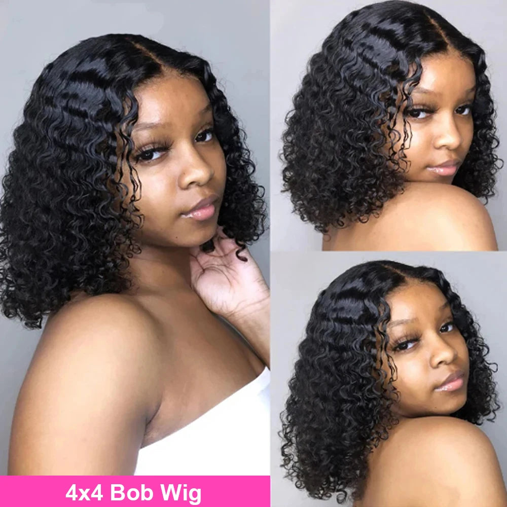 Bob court brésilien 100% cheveux humains, lace frontale 13x4, ondulations profondes, perruque bouclée avec fermeture en dentelle 4x4 pour femmes