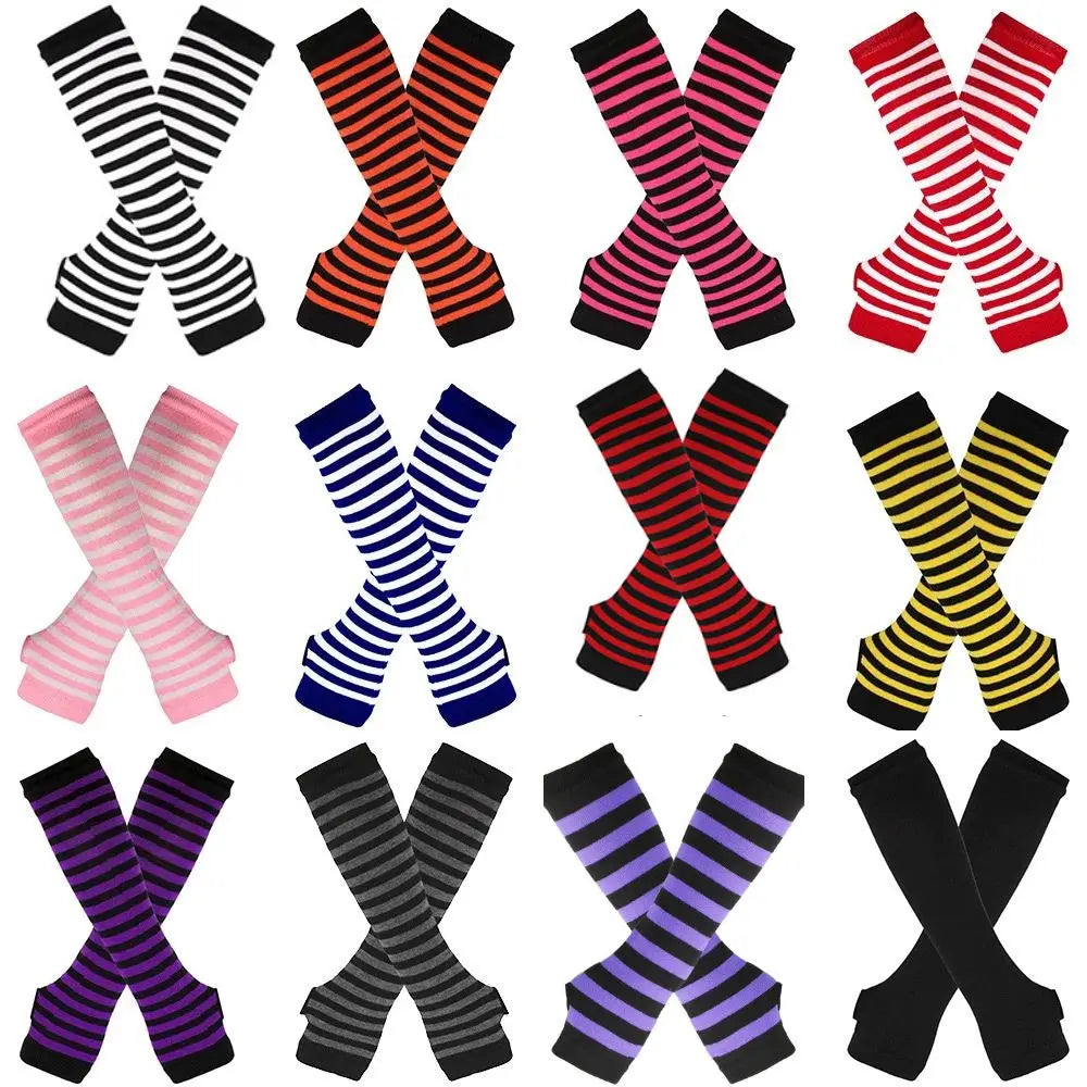 Gants chauds rayés en maille pour femmes et filles, mitaines sans doigts couvrant les coudes, couvrant les bras et les coudes.