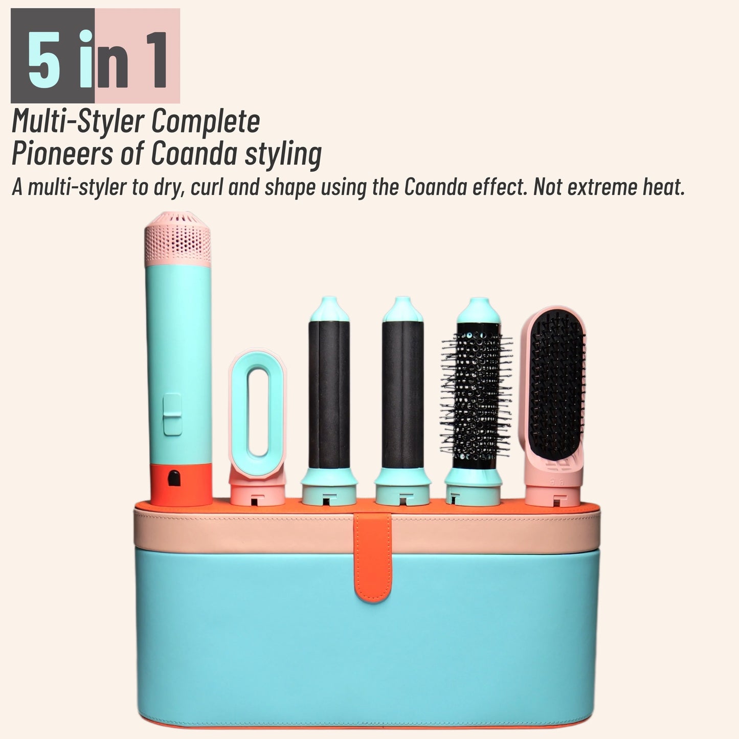 Sèche-cheveux multifonction 5 en 1 au design innovant, avec fer à boucler, brosse à air chaud et styler intégré.