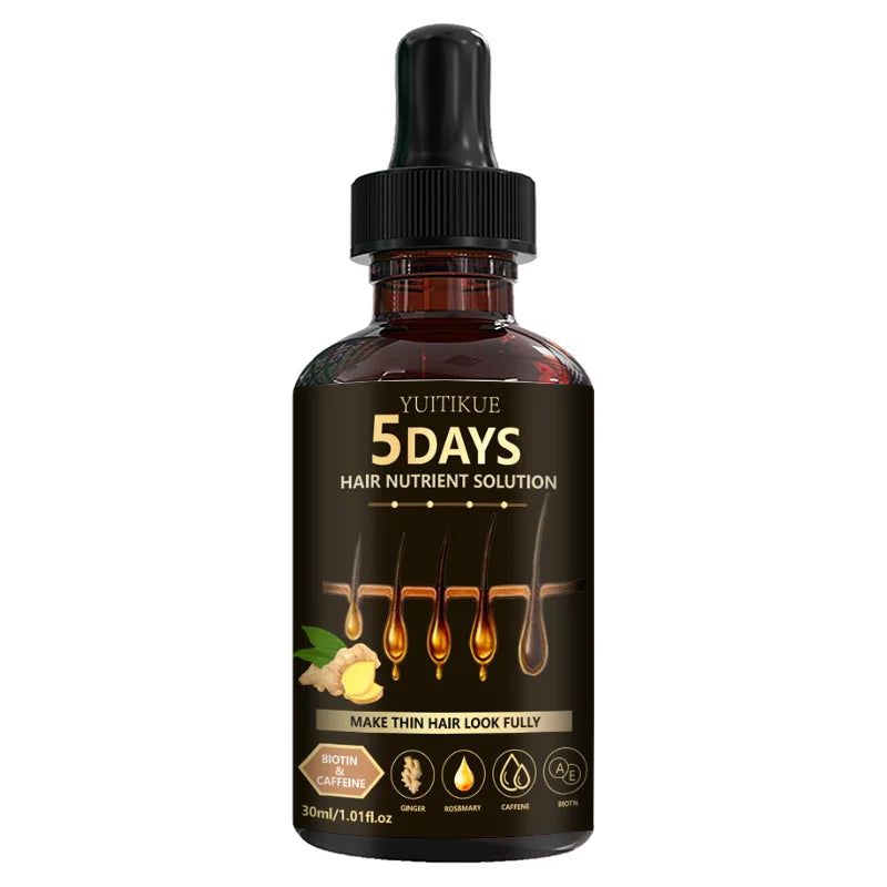 Sérum capillaire YUITIKUE 5 jours pour la croissance des cheveux - Solution nutritive à la biotine et à la caféine, enrichie en gingembre et en romarin, pour des cheveux plus épais et plus fournis.