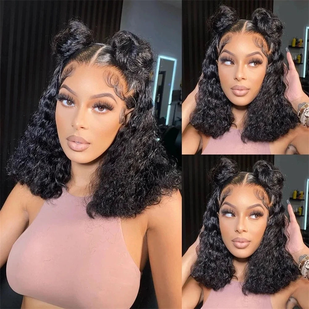 Bob court brésilien 100% cheveux humains, lace frontale 13x4, ondulations profondes, perruque bouclée avec fermeture en dentelle 4x4 pour femmes