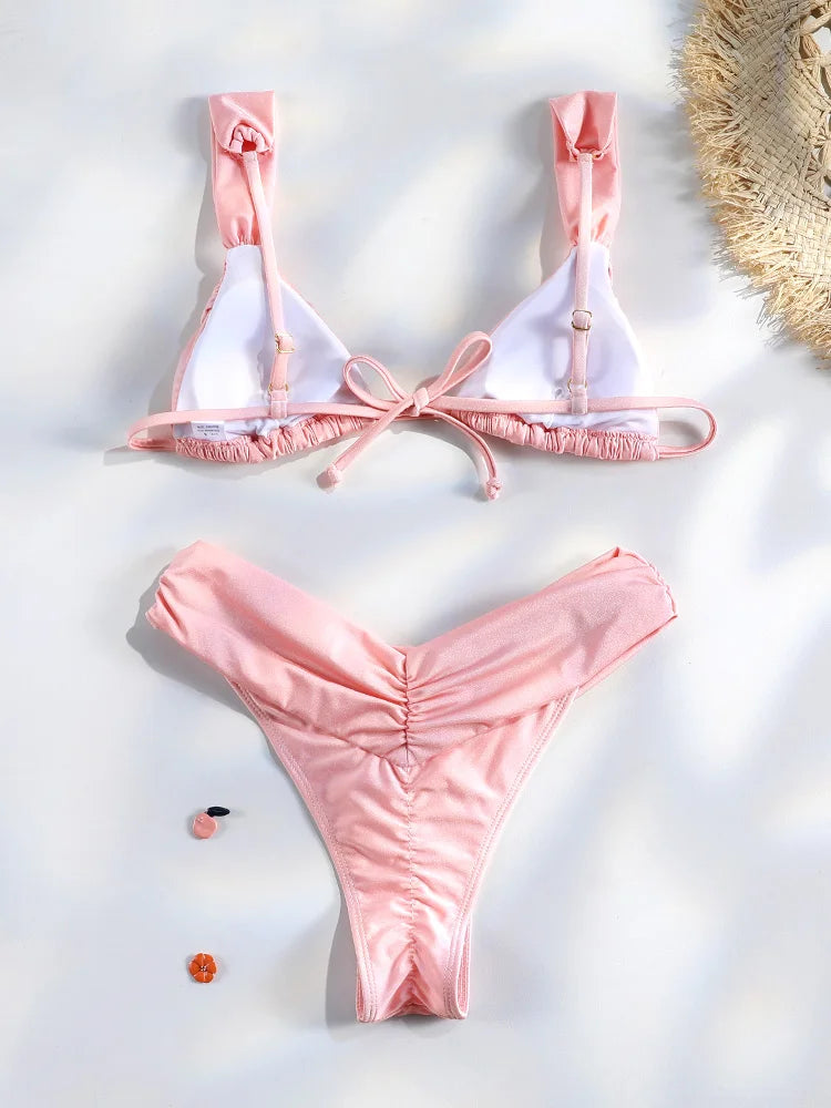 Ensemble bikini sexy à plis, micro bikini uni, maillot de bain femme triangle, tenue de plage