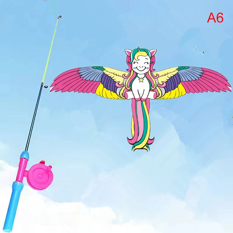 Cerf-volant miniature en plastique pour enfants, avec frein à main et canne à pêche de 40 cm, jouet d'extérieur idéal pour les enfants. Cadeau parfait pour les enfants.
