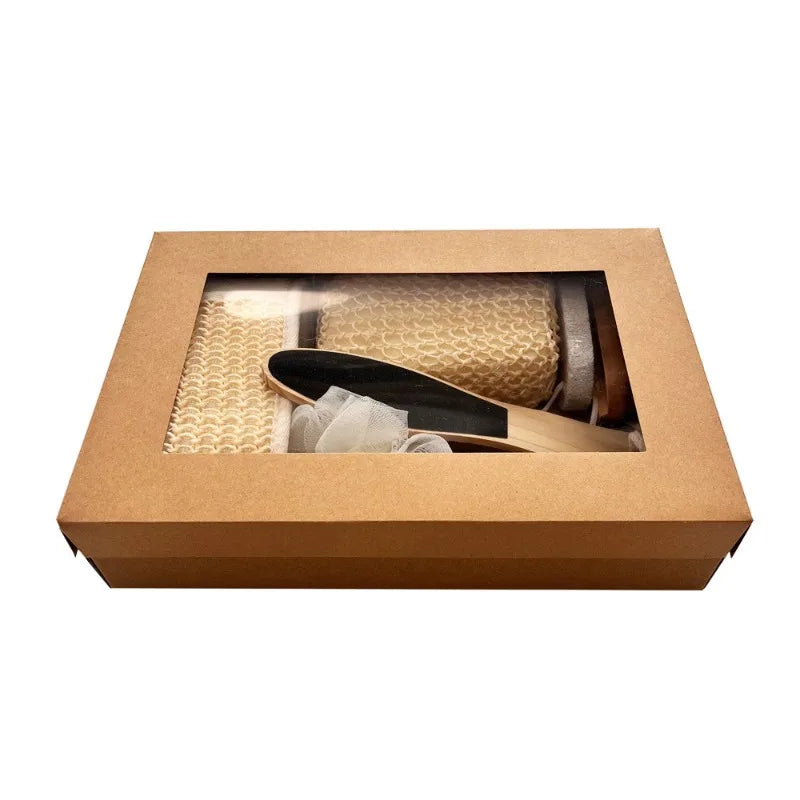 Coffret de bain : Serviette exfoliante, brosse de bain, râpe à pieds, coffret cadeau