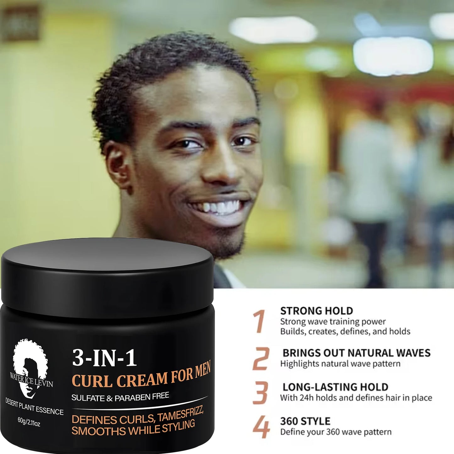 Crème bouclante 3 en 1 pour hommes, sans sulfates ni parabènes, définit les boucles et dompte les frisottis, crème coiffante lissante.