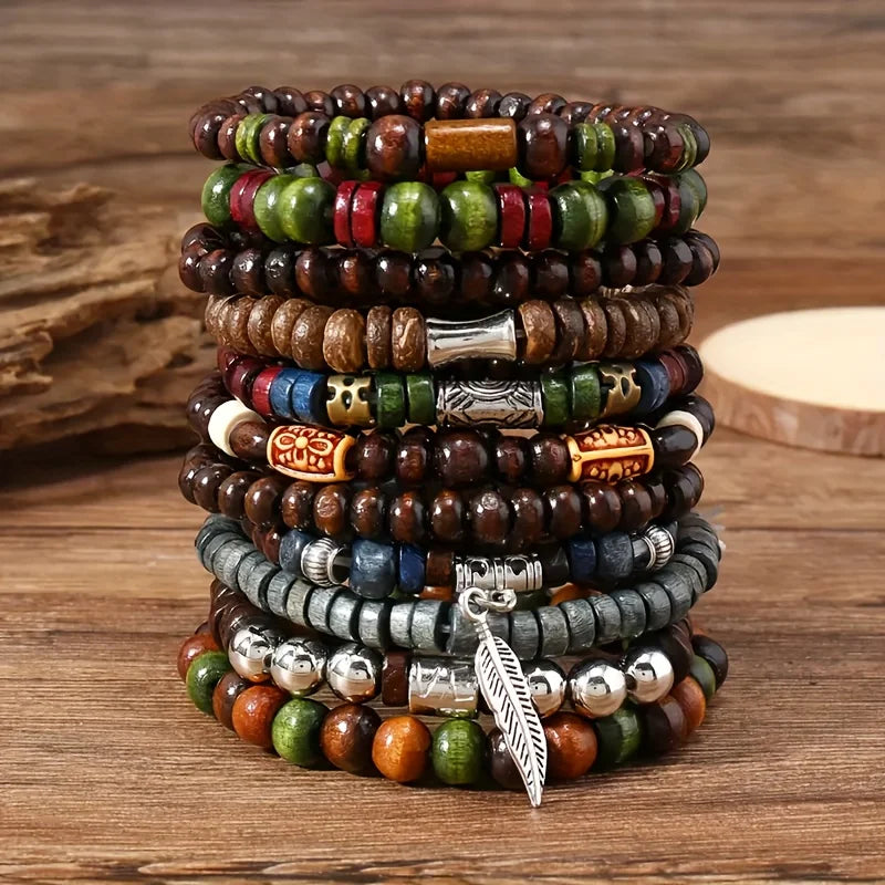 Lot de 10 bracelets bohèmes vintage pour homme - Accessoire de mode élégant avec motif de feuilles, bijou tendance et durable à offrir