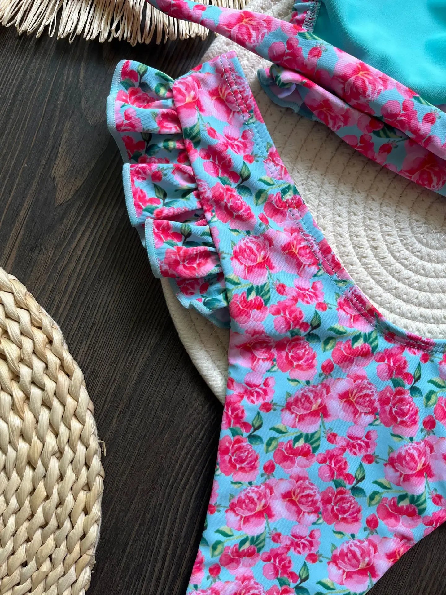 Bikini sexy à imprimé floral et volants pour femme, maillot de bain deux pièces, ensemble bikini, maillot de bain