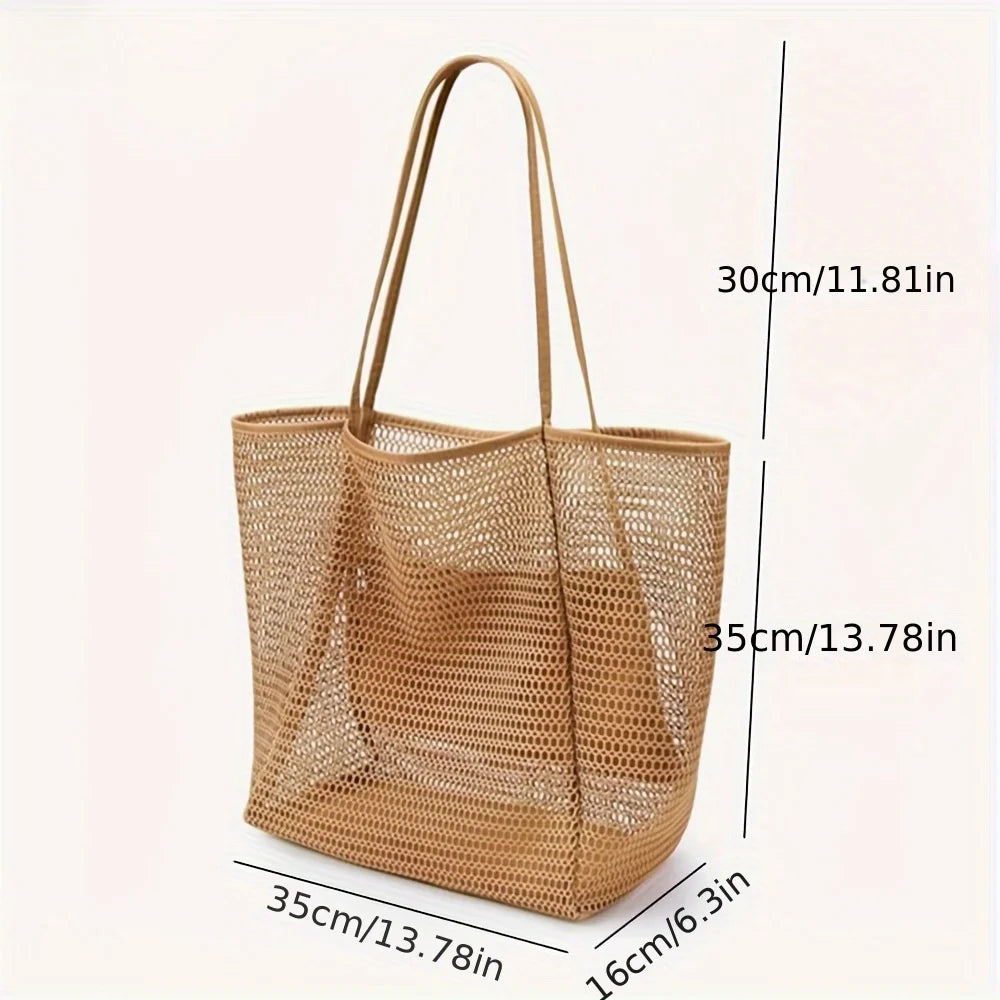 Sac cabas de plage grande capacité pour femme - Sac bandoulière en polyester tissé résistant avec ouverture sur le dessus, idéal pour les voyages et le shopping.