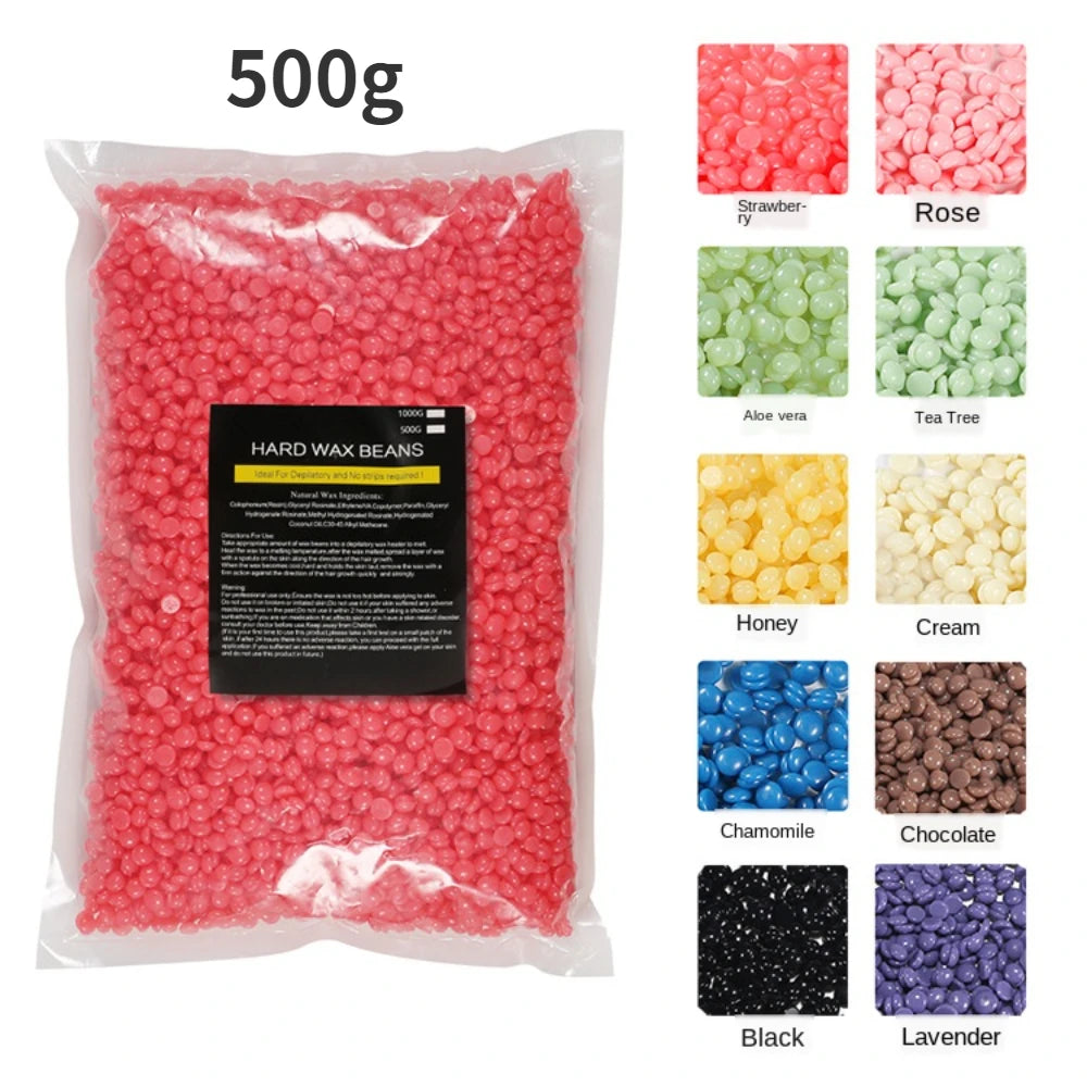 500 g/paquet de perles de cire dépilatoires pour l'épilation du maillot, du visage, des jambes et des bras. Convient aux personnes de tous âges.