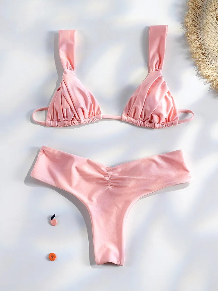 Ensemble bikini sexy à plis, micro bikini uni, maillot de bain femme triangle, tenue de plage
