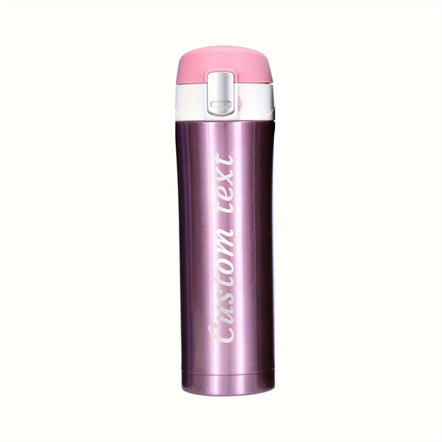 Bouteille isotherme minimaliste personnalisée avec nom gravé au laser - 500 ml, bouchon à verrouillage et couvercle à clapet, en acier inoxydable.