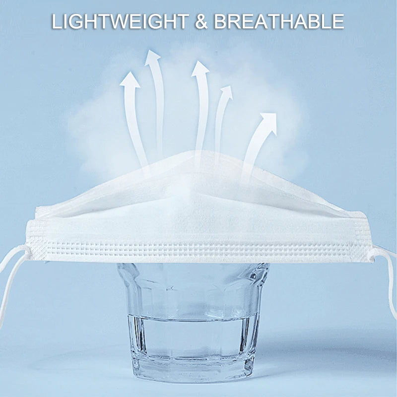 Lot de 50 masques de protection jetables à 3 couches en tissu non tissé, bleus, pour adultes.