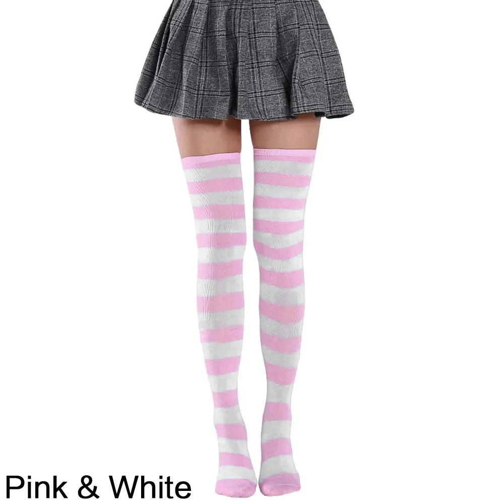 Chaussettes hautes à rayures imprimées pour femme, montantes jusqu'aux cuisses, en coton à motifs rayés
