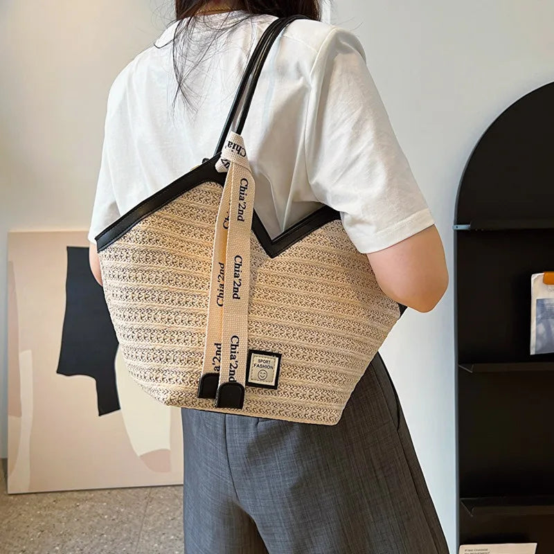 Sac bandoulière grande capacité pour femme, sac à main d'été en paille tressée, sac de plage de luxe, cabas style balinais