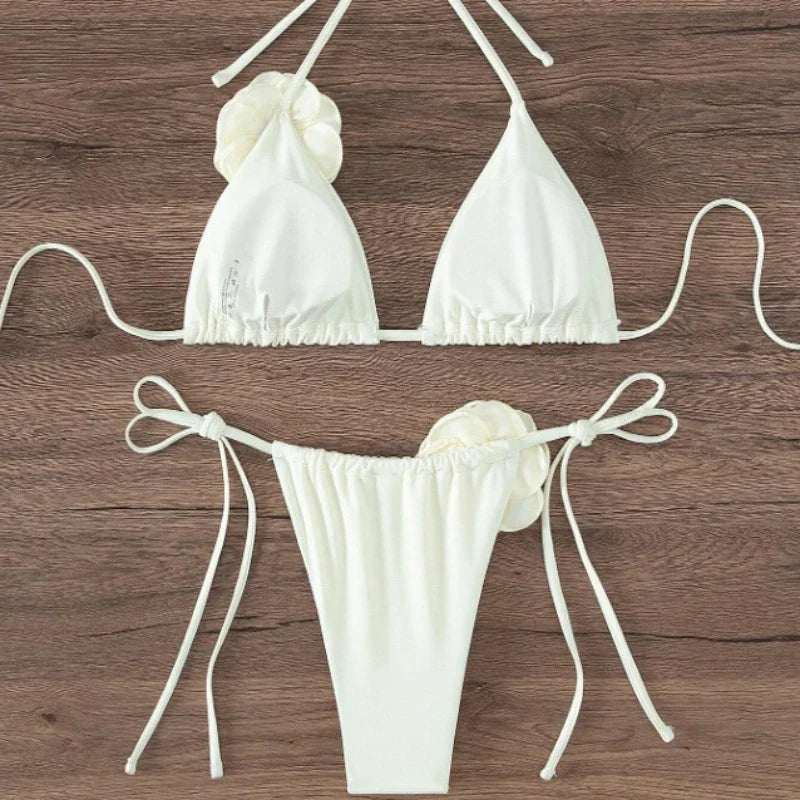 Maillot de bain deux pièces bikini sexy à fleurs 3D, bretelles et dos nu, tailles S à L.