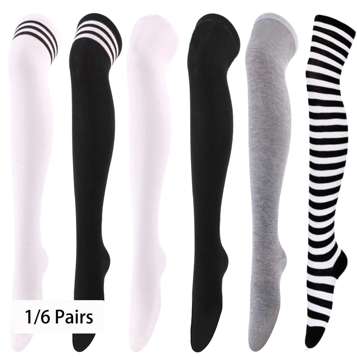 1/6 paires de bas rayés pour femmes, chaussettes hautes japonaises tendance, chaussettes fines et chaudes à rayures noires et blanches