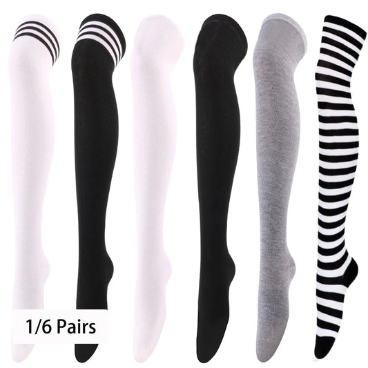 1/6 paires de bas rayés pour femmes, chaussettes hautes japonaises tendance, chaussettes fines et chaudes à rayures noires et blanches