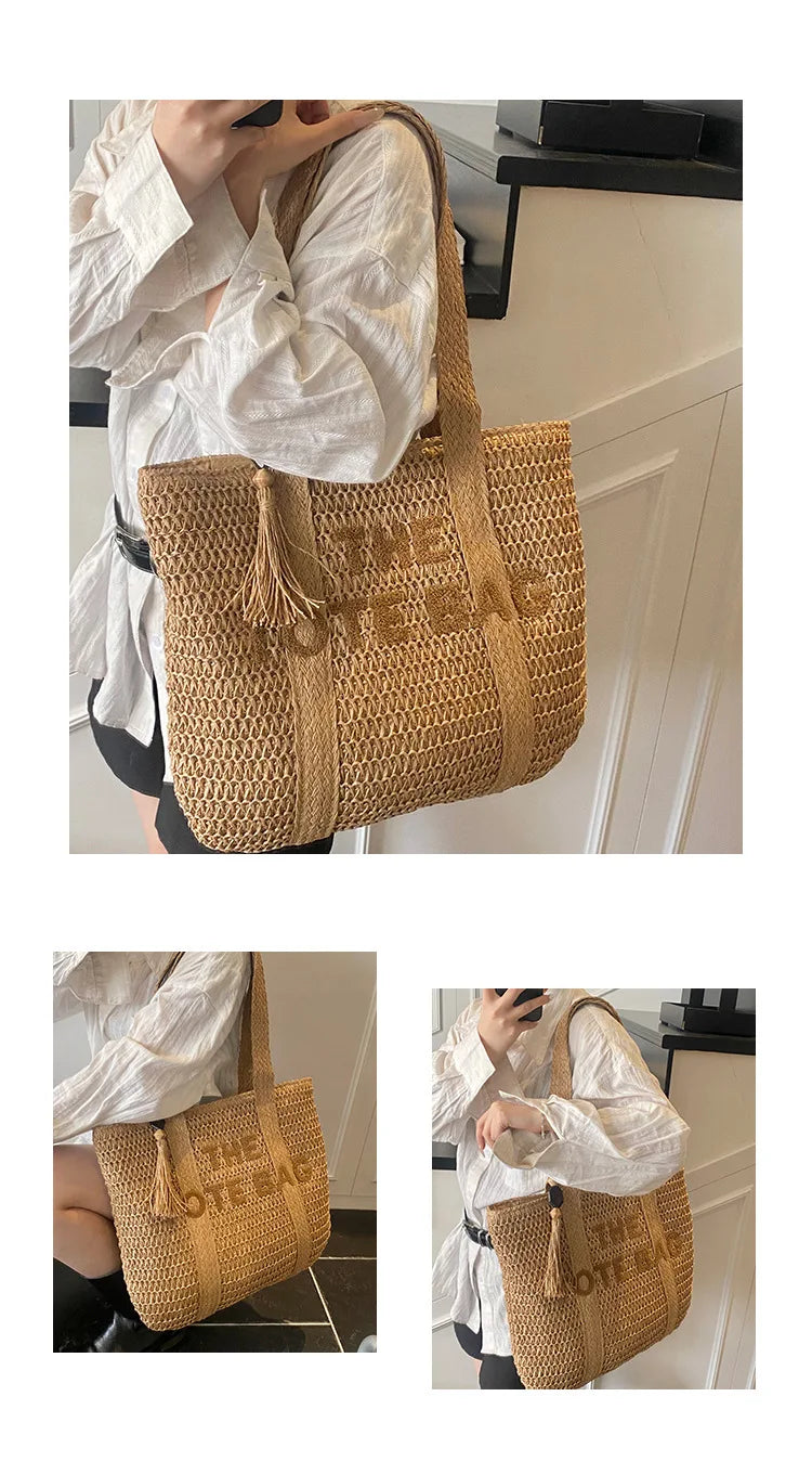 Sac en paille tressée style français grande capacité pour femme, sac bandoulière idéal pour la plage, les vacances ou les trajets quotidiens.
