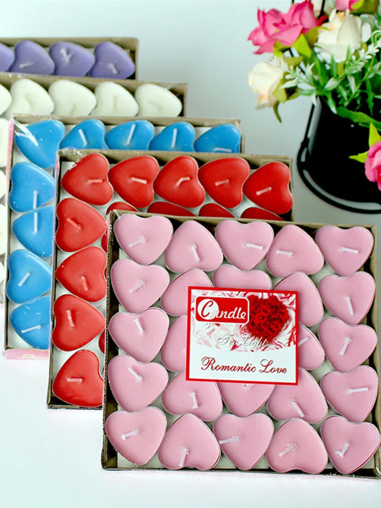 Lot de 50 bougies chauffe-plat en forme de cœur pour anniversaire, mariage, Saint-Valentin