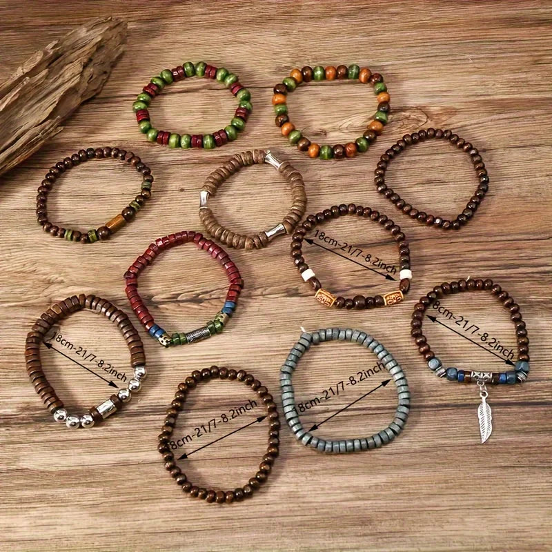 Lot de 10 bracelets bohèmes vintage pour homme - Accessoire de mode élégant avec motif de feuilles, bijou tendance et durable à offrir