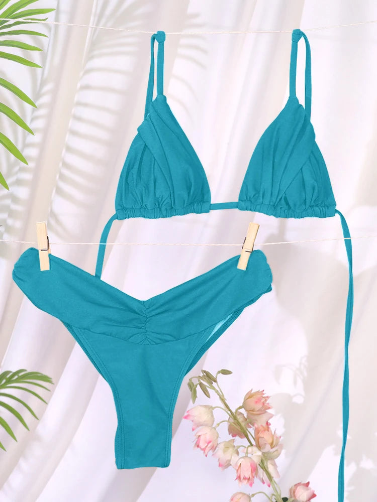 Ensemble bikini sexy à plis, micro bikini uni, maillot de bain femme triangle, tenue de plage