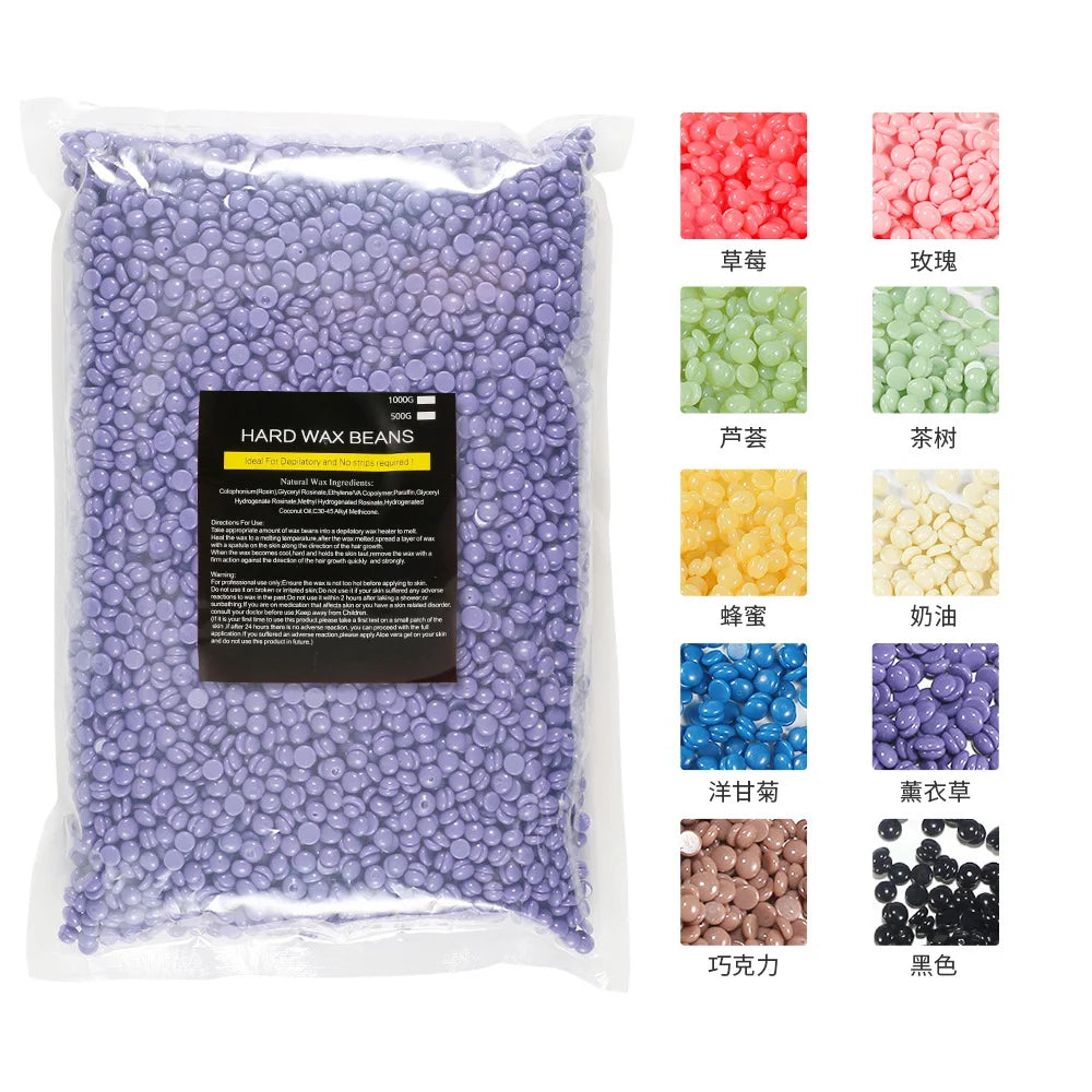 500 g/paquet de perles de cire dépilatoires pour l'épilation du maillot, du visage, des jambes et des bras. Convient aux personnes de tous âges.