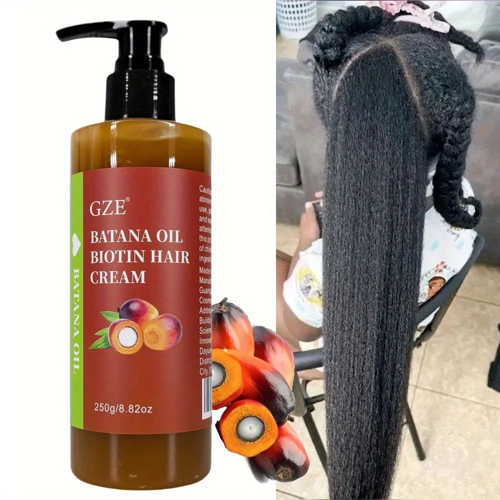 Crème capillaire à l'huile de batana et à la biotine GZE : fortifie les cheveux, répare les pointes fourchues et apporte de la douceur aux cheveux secs.