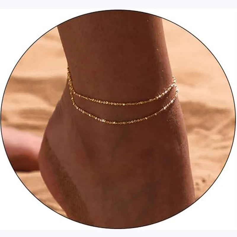 Bracelets de cheville étanches pour femmes, plaqués or 14 carats et argent, à plusieurs rangs de perles, bijoux d'été pour femmes et filles
