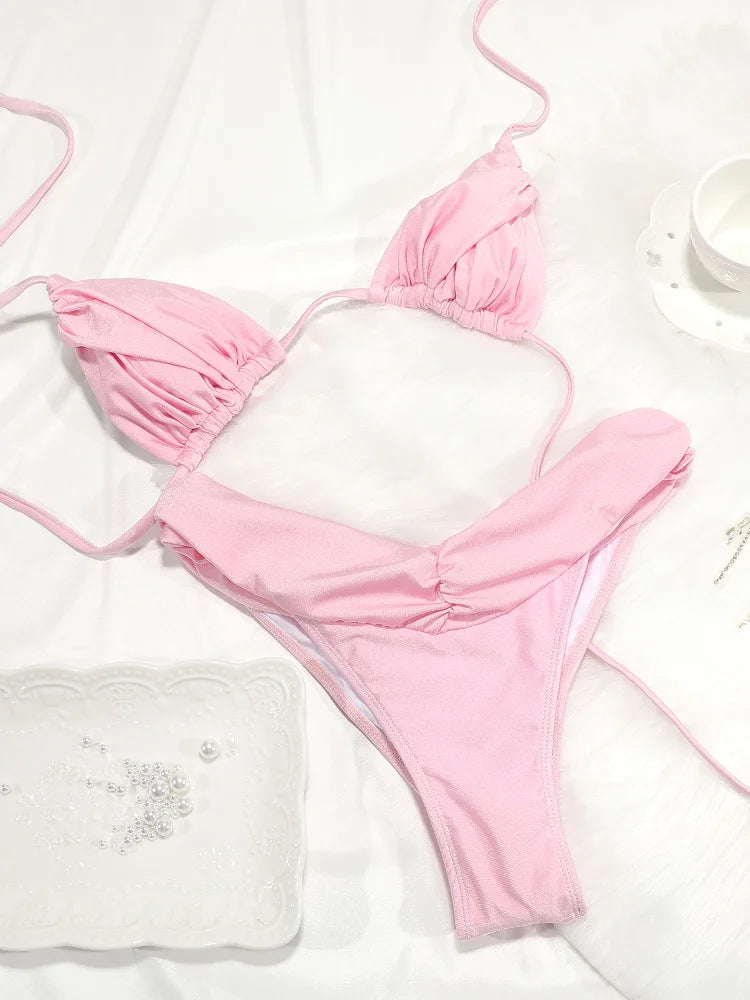 Ensemble bikini sexy à plis, micro bikini uni, maillot de bain femme triangle, tenue de plage